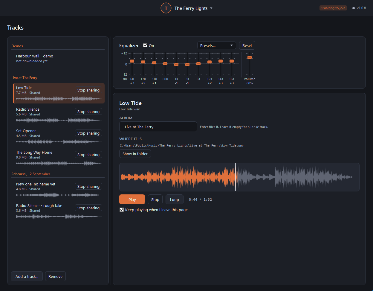 Screenshot of BandPeer's Tracks page