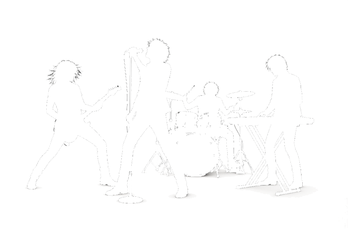 A line drawing of a four-piece band on stage: guitarist, singer, drummer and keyboard player